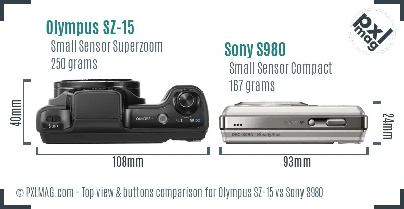 Olympus SZ-15 vs Sony S980 top view buttons comparison
