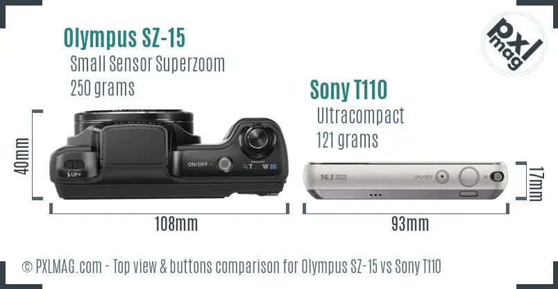 Olympus SZ-15 vs Sony T110 top view buttons comparison