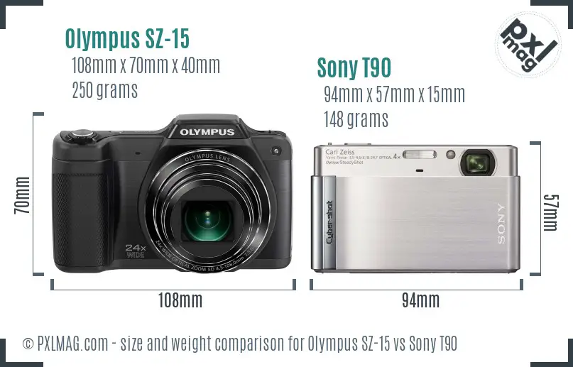 Olympus SZ-15 vs Sony T90 size comparison