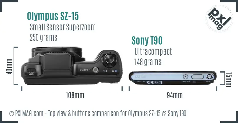 Olympus SZ-15 vs Sony T90 top view buttons comparison