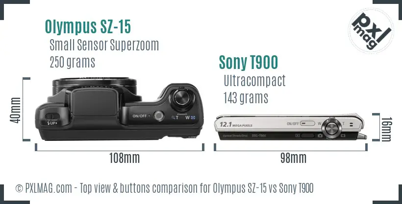 Olympus SZ-15 vs Sony T900 top view buttons comparison