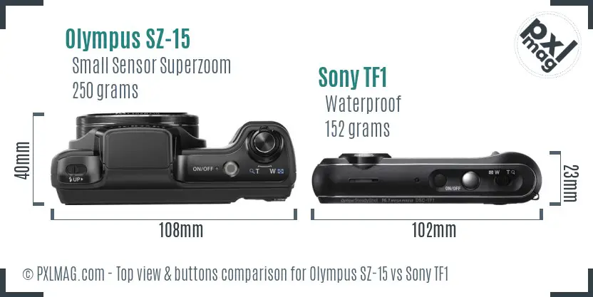 Olympus SZ-15 vs Sony TF1 top view buttons comparison