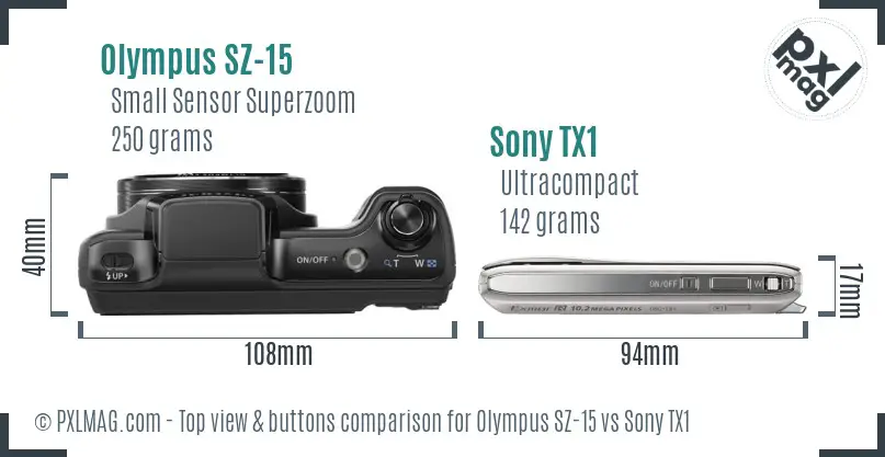 Olympus SZ-15 vs Sony TX1 top view buttons comparison