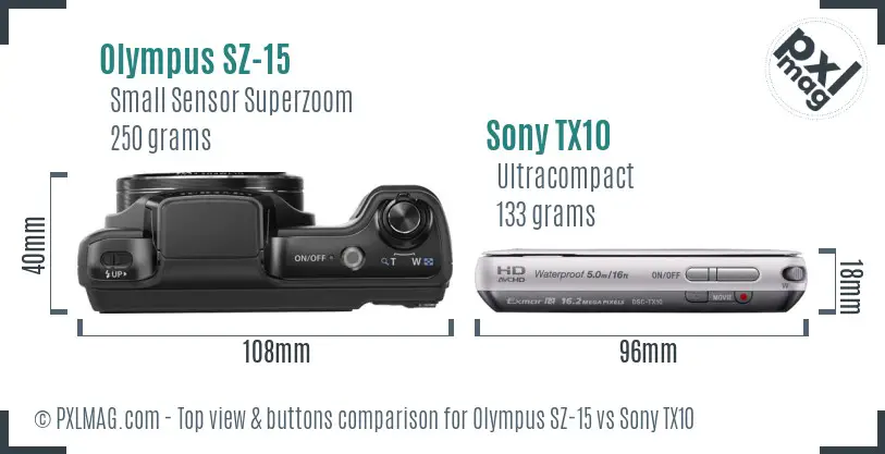 Olympus SZ-15 vs Sony TX10 top view buttons comparison