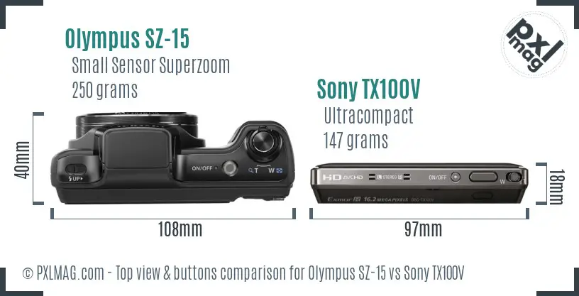 Olympus SZ-15 vs Sony TX100V top view buttons comparison