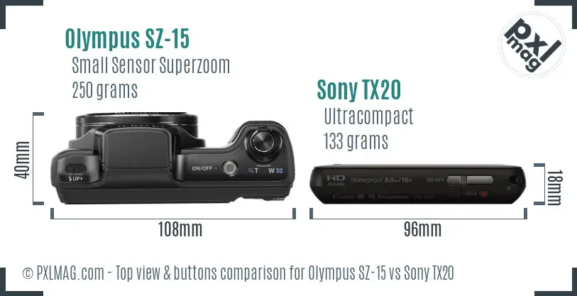 Olympus SZ-15 vs Sony TX20 top view buttons comparison