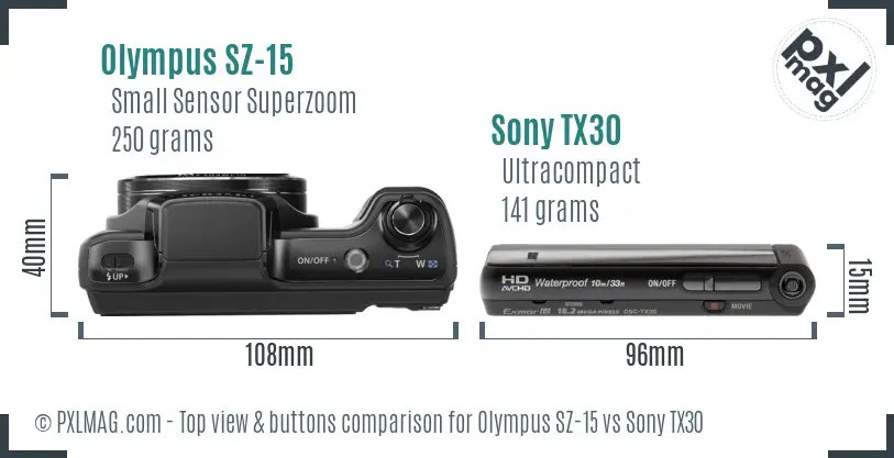Olympus SZ-15 vs Sony TX30 top view buttons comparison