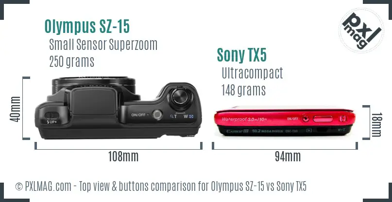 Olympus SZ-15 vs Sony TX5 top view buttons comparison