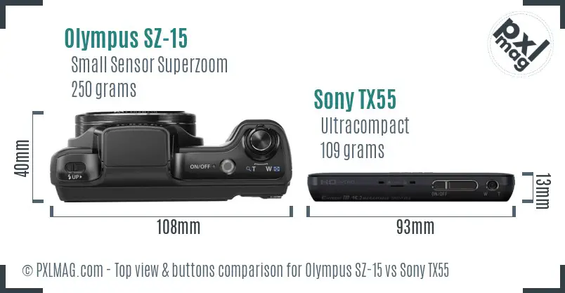 Olympus SZ-15 vs Sony TX55 top view buttons comparison