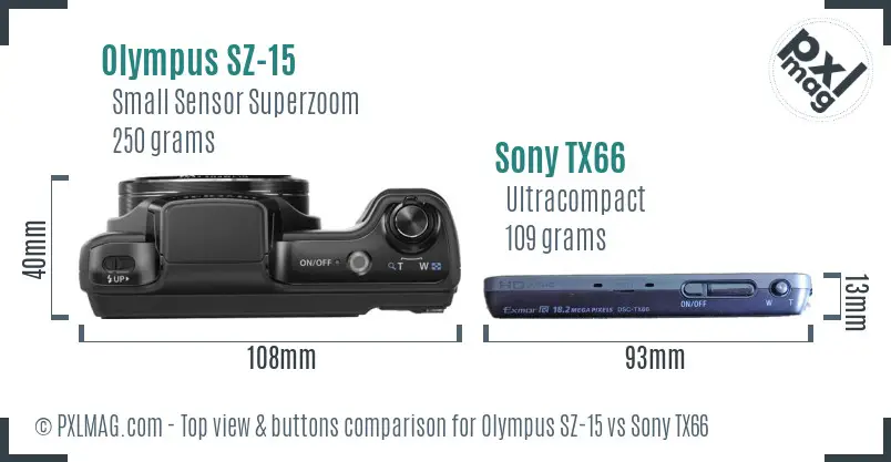 Olympus SZ-15 vs Sony TX66 top view buttons comparison Olympus SZ-15 vs Sony TX66 top view buttons comparison