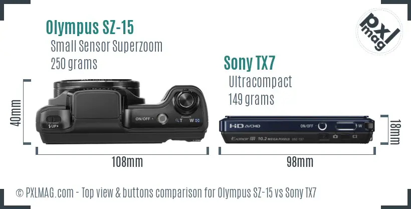 Olympus SZ-15 vs Sony TX7 top view buttons comparison