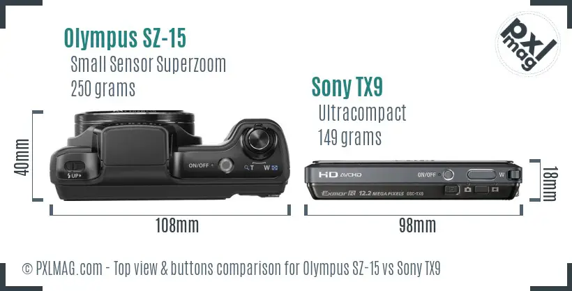 Olympus SZ-15 vs Sony TX9 top view buttons comparison Olympus SZ-15 vs Sony TX9 top view buttons comparison