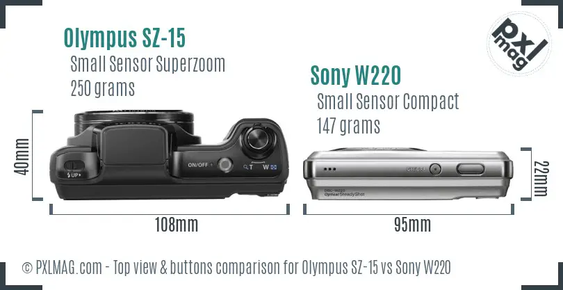 Olympus SZ-15 vs Sony W220 top view buttons comparison Olympus SZ-15 vs Sony W220 top view buttons comparison