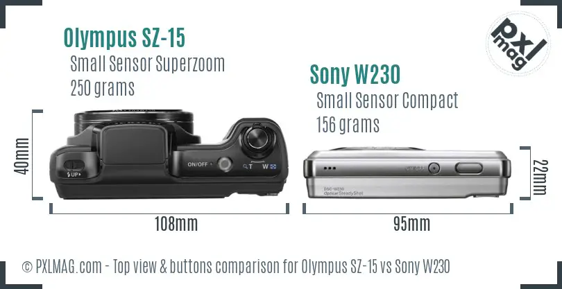 Olympus SZ-15 vs Sony W230 top view buttons comparison