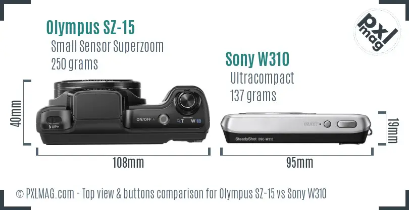 Olympus SZ-15 vs Sony W310 top view buttons comparison
