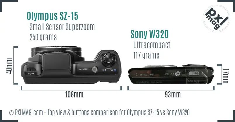 Olympus SZ-15 vs Sony W320 top view buttons comparison Olympus SZ-15 vs Sony W320 top view buttons comparison