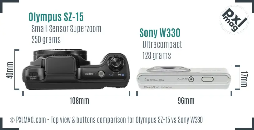 Olympus SZ-15 vs Sony W330 top view buttons comparison