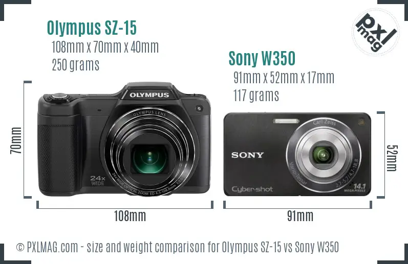 Olympus SZ-15 vs Sony W350 size comparison