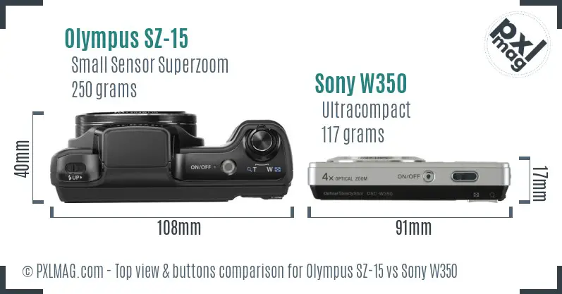 Olympus SZ-15 vs Sony W350 top view buttons comparison