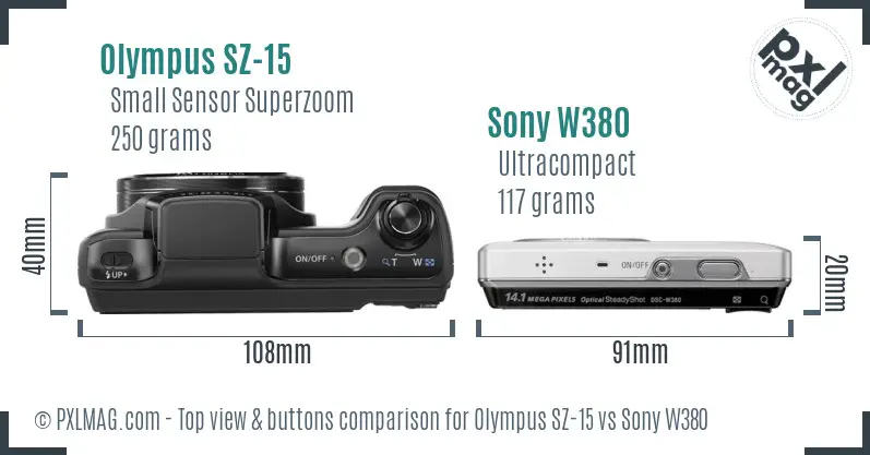 Olympus SZ-15 vs Sony W380 top view buttons comparison