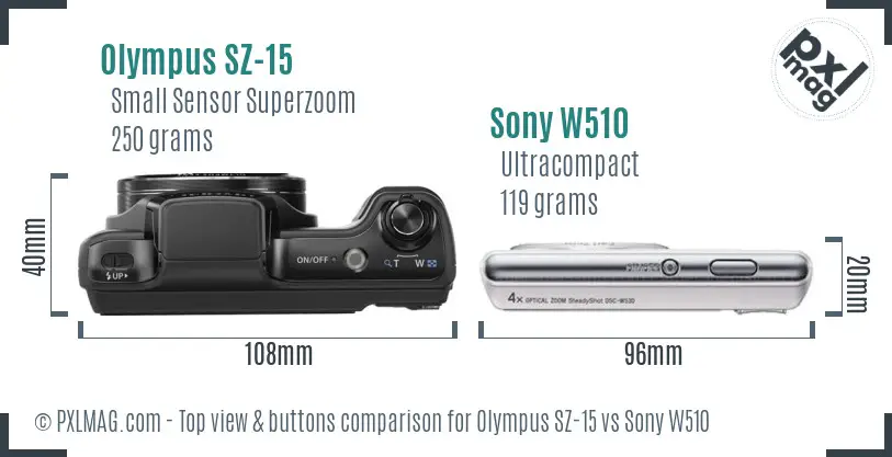 Olympus SZ-15 vs Sony W510 top view buttons comparison