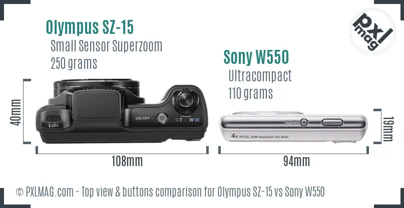 Olympus SZ-15 vs Sony W550 top view buttons comparison