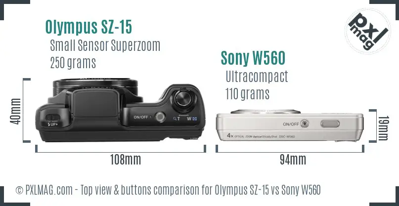 Olympus SZ-15 vs Sony W560 top view buttons comparison