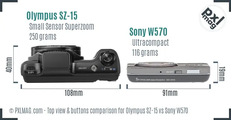 Olympus SZ-15 vs Sony W570 top view buttons comparison