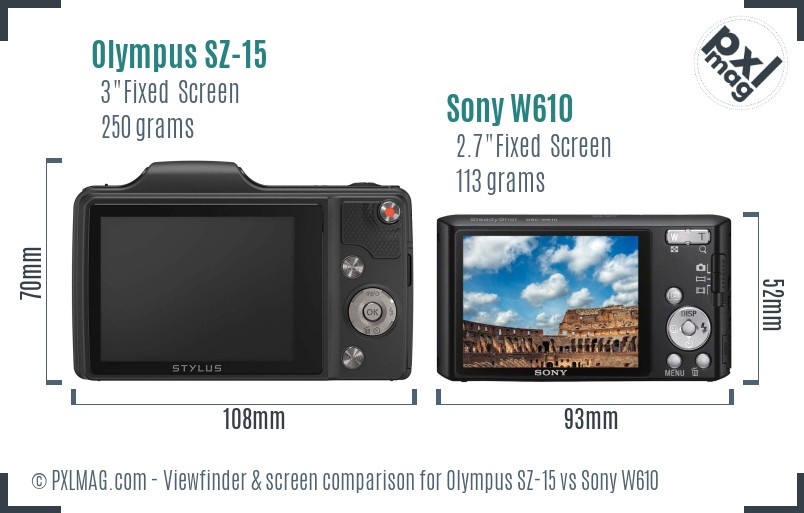 Olympus SZ-15 vs Sony W610 Screen and Viewfinder comparison