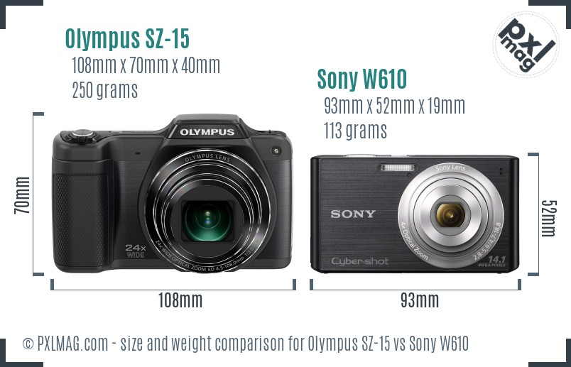Olympus SZ-15 vs Sony W610 size comparison