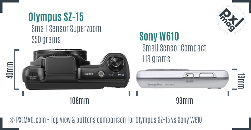 Olympus SZ-15 vs Sony W610 top view buttons comparison