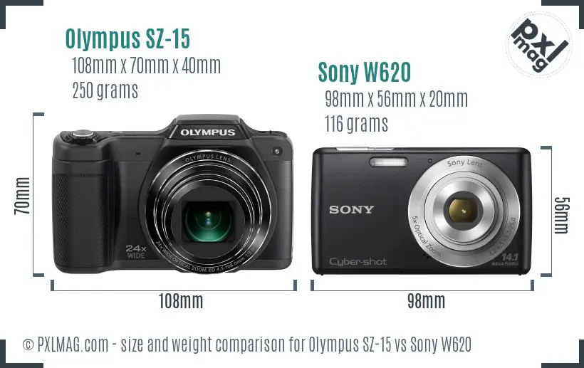 Olympus SZ-15 vs Sony W620 size comparison
