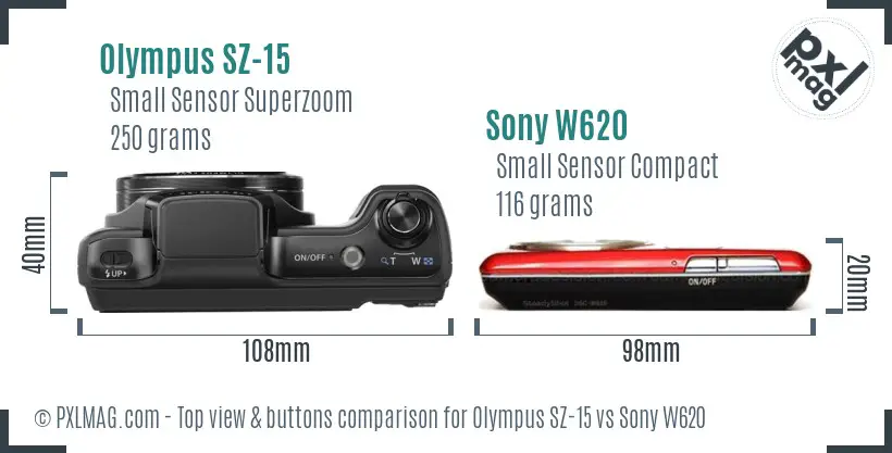 Olympus SZ-15 vs Sony W620 top view buttons comparison