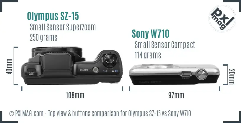 Olympus SZ-15 vs Sony W710 top view buttons comparison