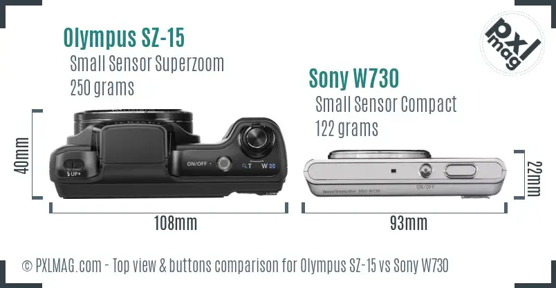 Olympus SZ-15 vs Sony W730 top view buttons comparison