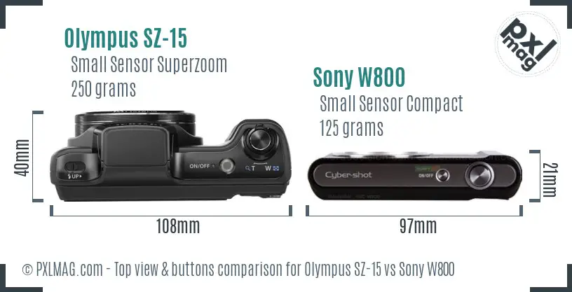 Olympus SZ-15 vs Sony W800 top view buttons comparison
