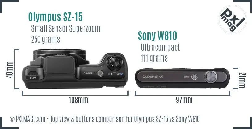 Olympus SZ-15 vs Sony W810 top view buttons comparison