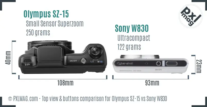 Olympus SZ-15 vs Sony W830 top view buttons comparison