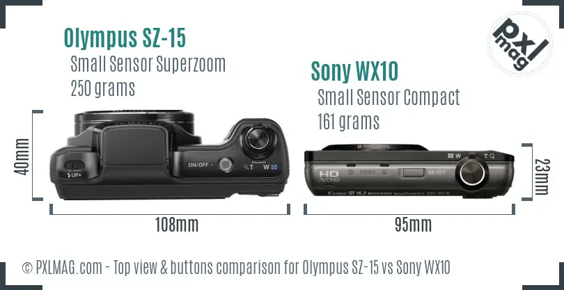 Olympus SZ-15 vs Sony WX10 top view buttons comparison