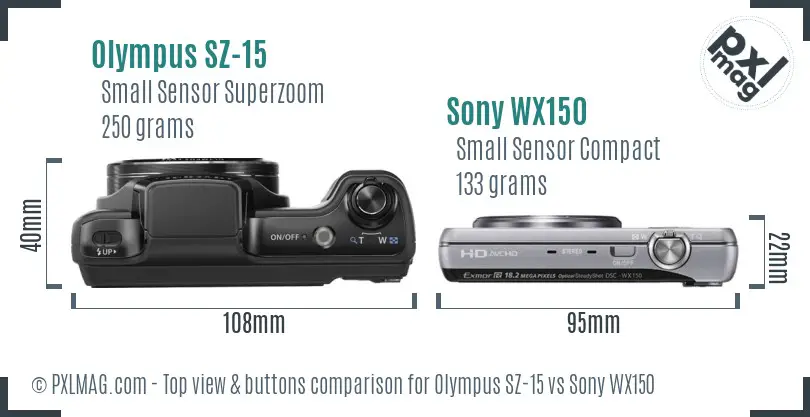 Olympus SZ-15 vs Sony WX150 top view buttons comparison