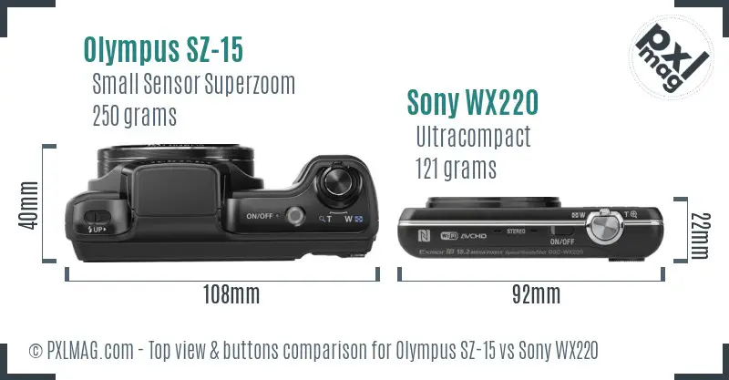 Olympus SZ-15 vs Sony WX220 top view buttons comparison