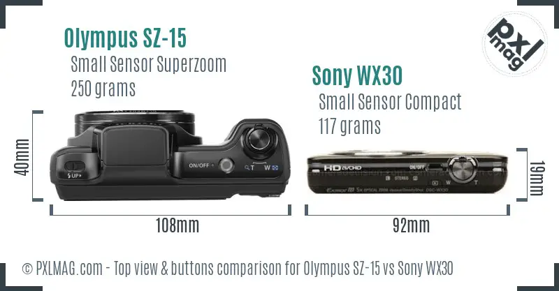 Olympus SZ-15 vs Sony WX30 top view buttons comparison