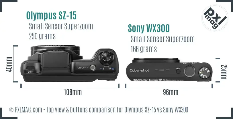 Olympus SZ-15 vs Sony WX300 top view buttons comparison