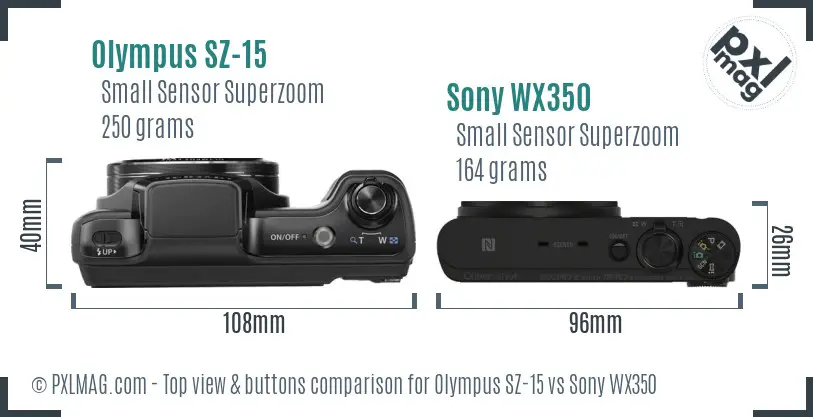 Olympus SZ-15 vs Sony WX350 top view buttons comparison