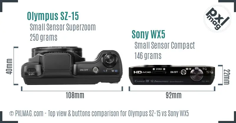 Olympus SZ-15 vs Sony WX5 top view buttons comparison