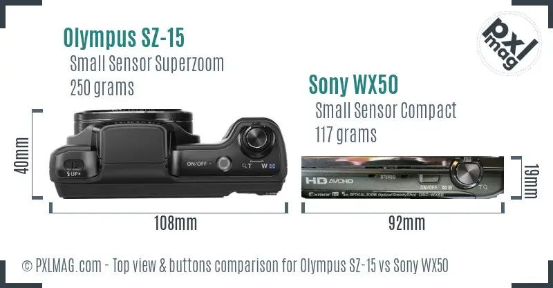Olympus SZ-15 vs Sony WX50 top view buttons comparison