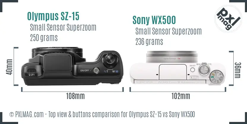 Olympus SZ-15 vs Sony WX500 top view buttons comparison