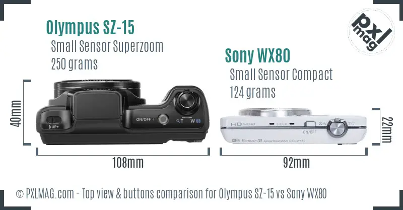 Olympus SZ-15 vs Sony WX80 top view buttons comparison