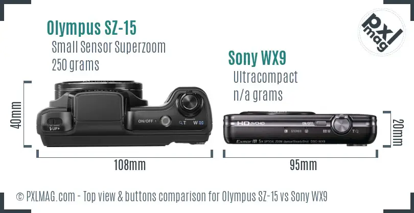 Olympus SZ-15 vs Sony WX9 top view buttons comparison