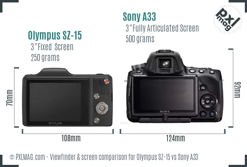 Olympus SZ-15 vs Sony A33 Screen and Viewfinder comparison